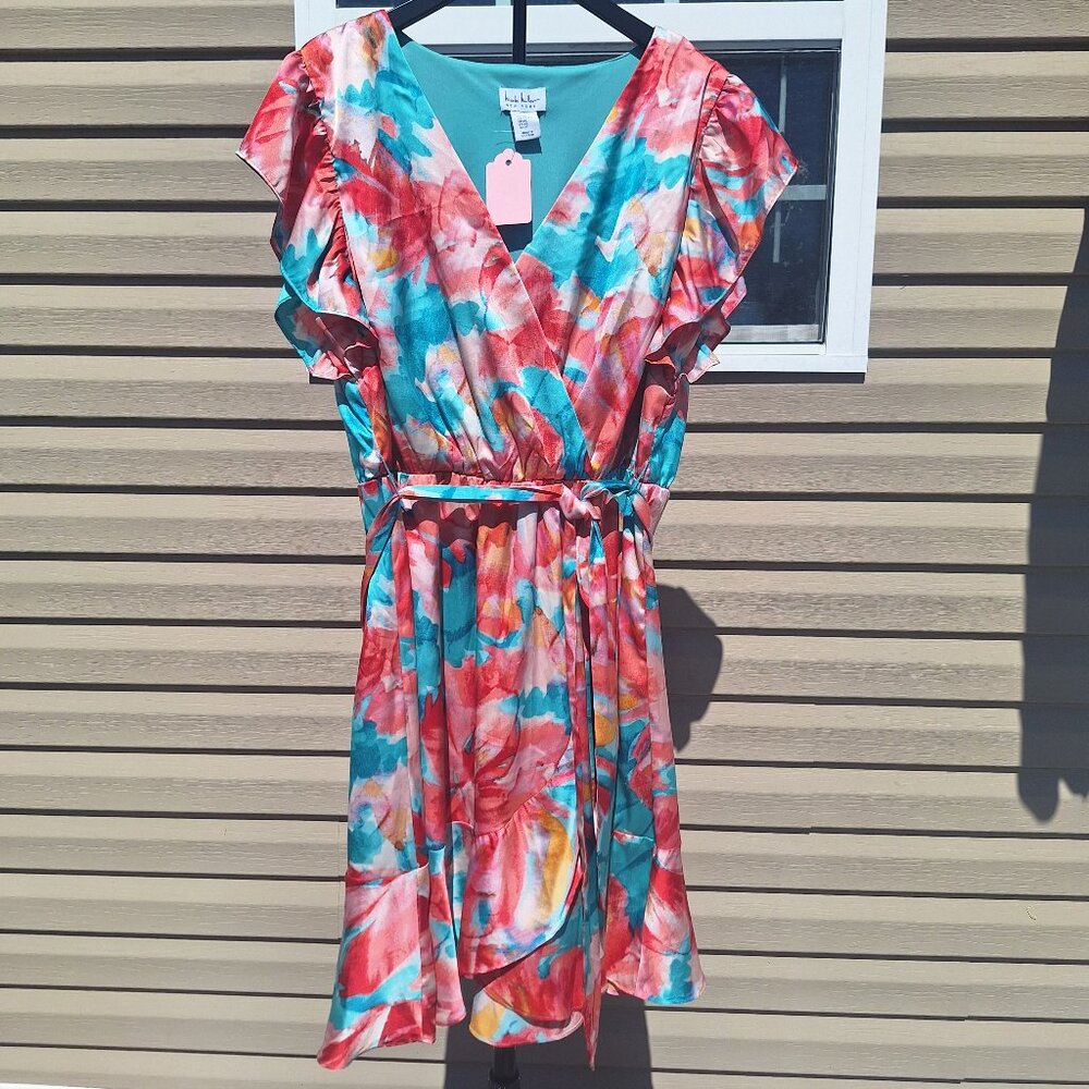 Nicole Miller Satin Abstract Floral Print Dress Sz XL